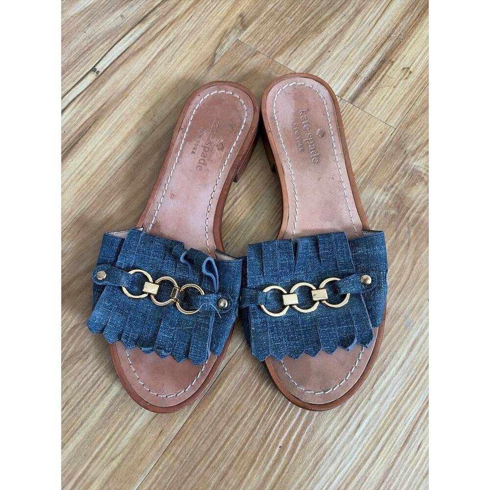 Kate Spade Kiltie denim slide sandals, featuring textured blue fringe straps